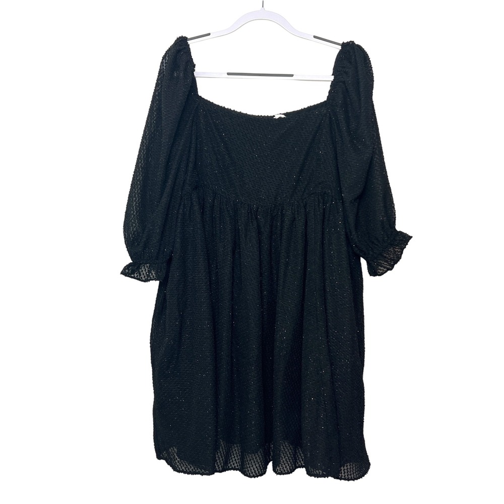 Chic Soul Black Mini Dress Sparkle Square Neck Long Sleeve Babydoll Coquette 3X